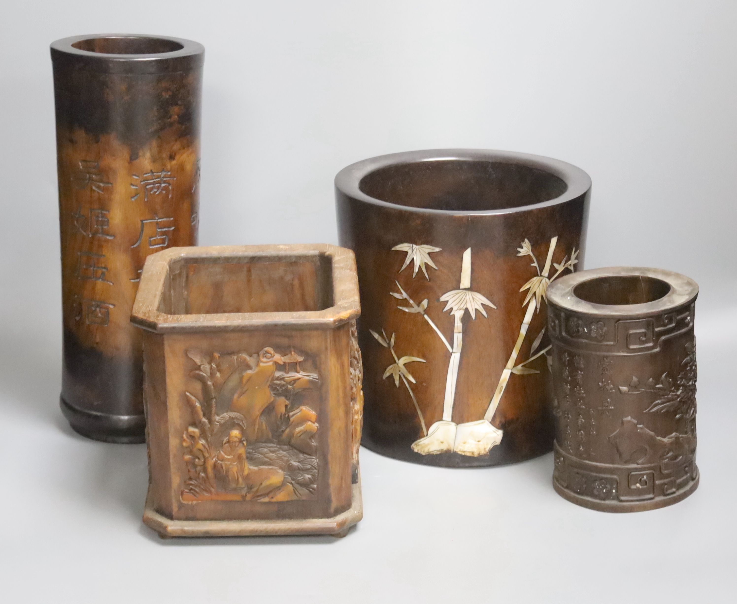 A large Chinese cylindrical wood box inlaid with mother of pearl and three Bitong / brush pots, tallest 31cm, the largest inlaid with mother of pearl, 20cm diameter